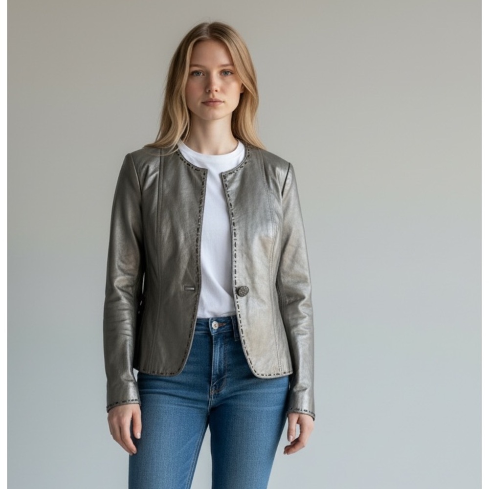 ZELDA gray silver tone lamb leather collar-less bead trim jacket great cond (6)